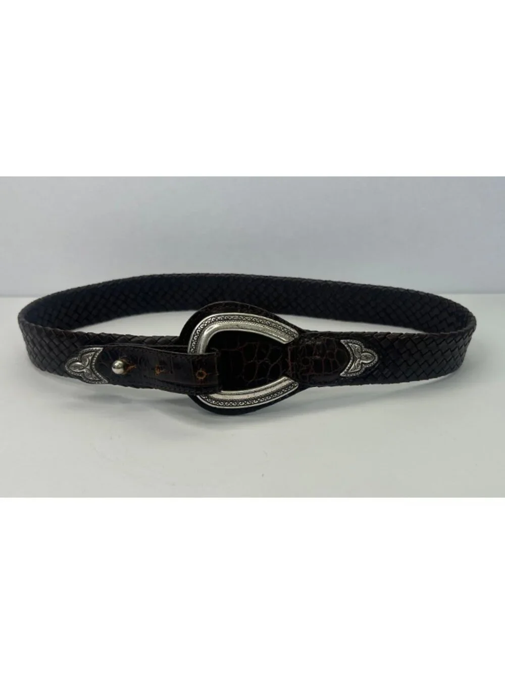 VTG Brighton Brown Woven Leather Belt Silver Buckle Gator Embossed Western Sz S